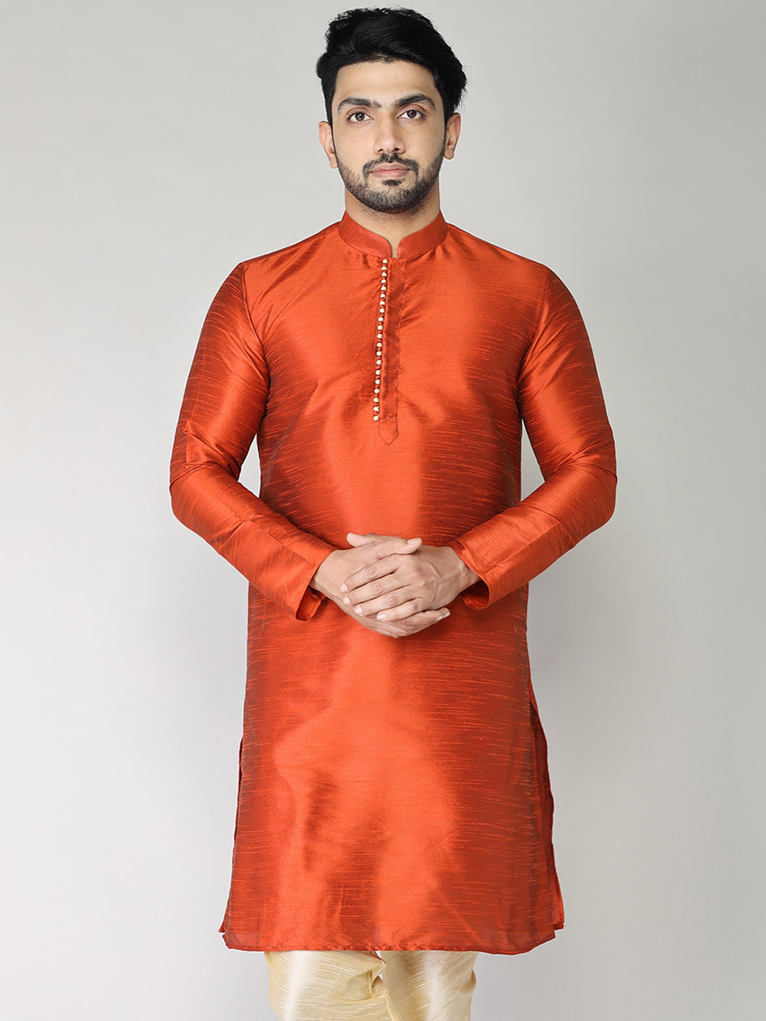 

BAESD Long Sleeves Mandarin Collar Pure Cotton Straight Kurta, Orange