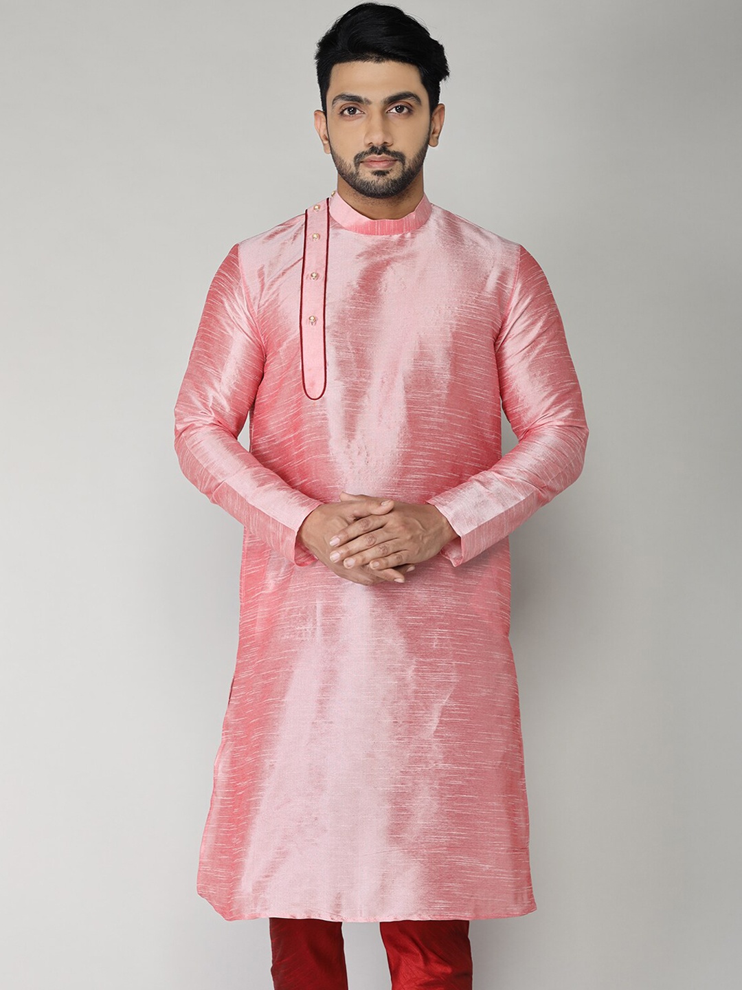 

BAESD Long Sleeves Band Collar Pure Cotton Straight Kurta, Pink