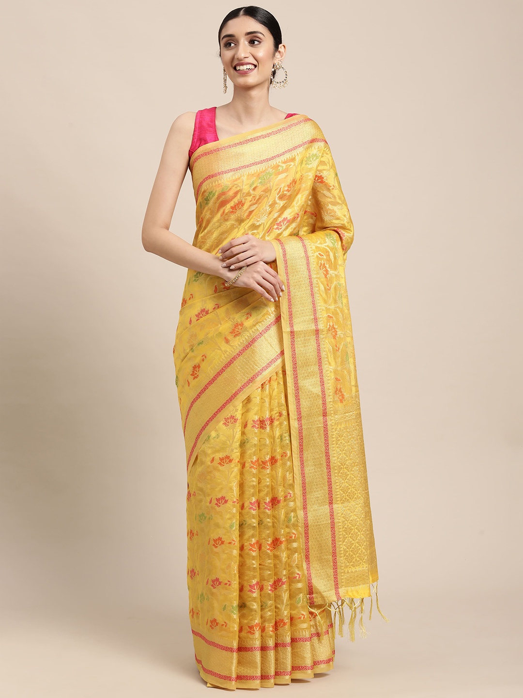 

Dori Floral Organza Zari Designer Saree, Yellow