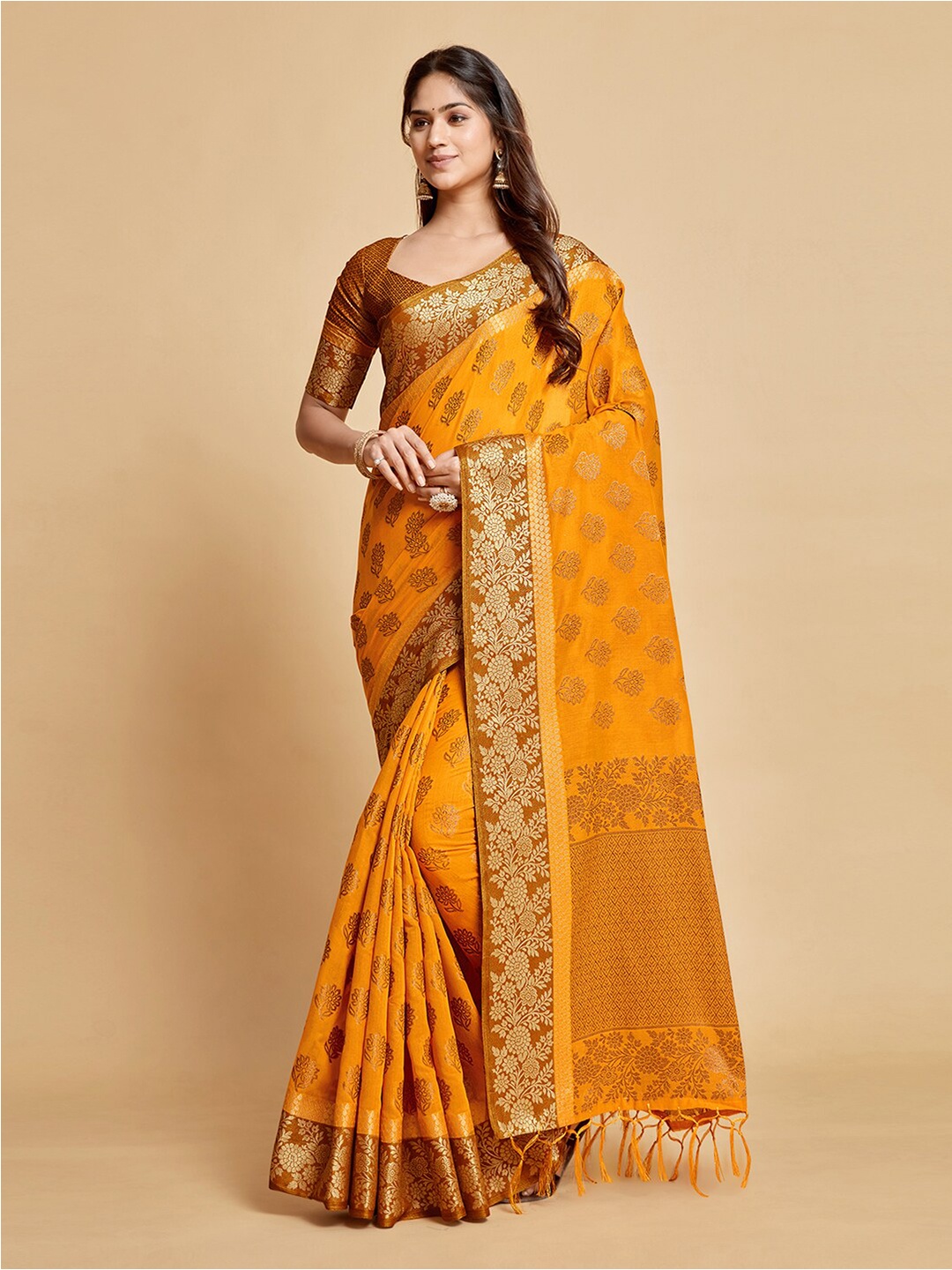 

Dori Ethnic Motifs Art Silk Zari Designer Banarasi Saree, Mustard