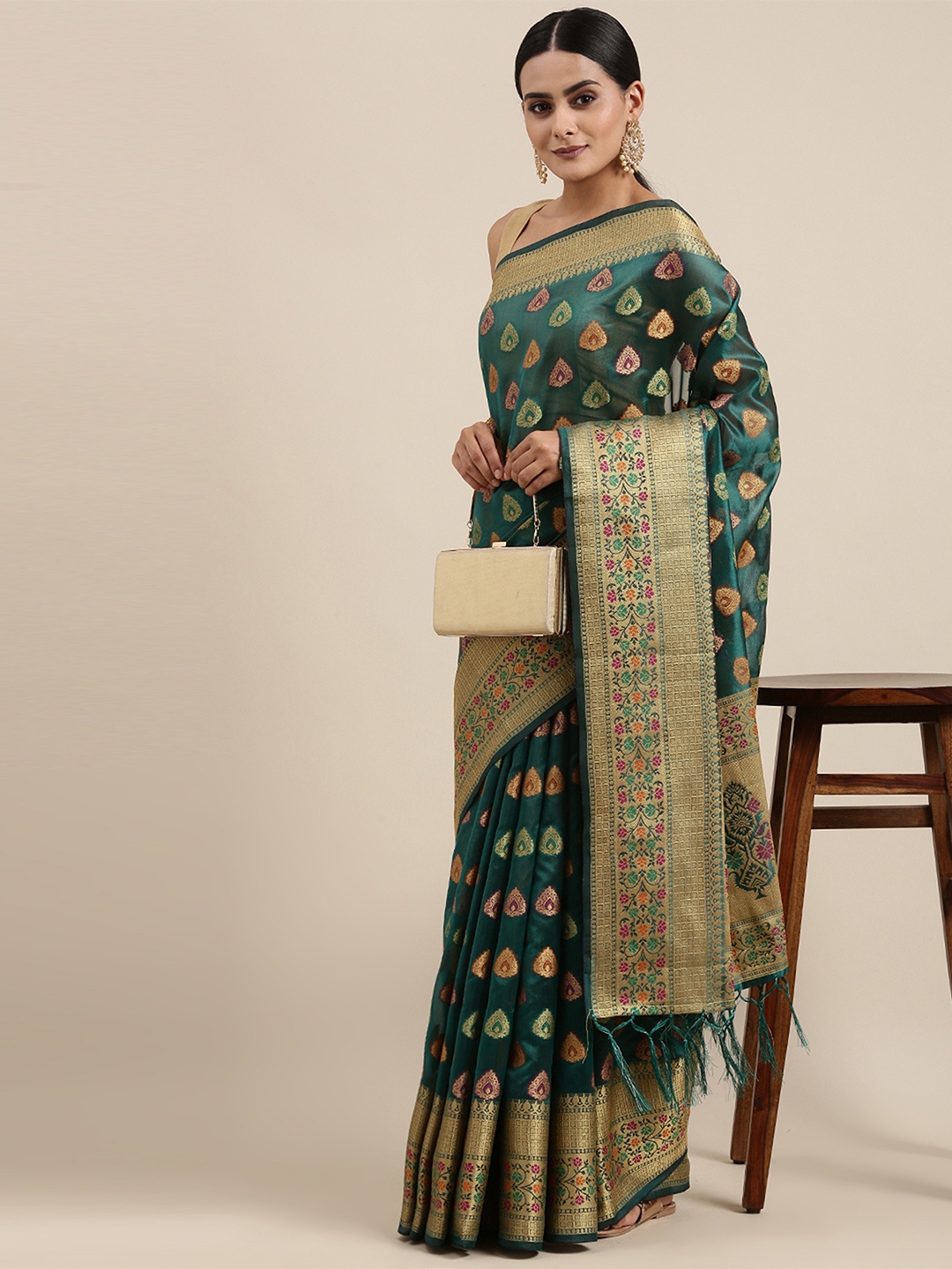

Dori Ethnic Motifs Organza Zari Designer Saree, Sea green