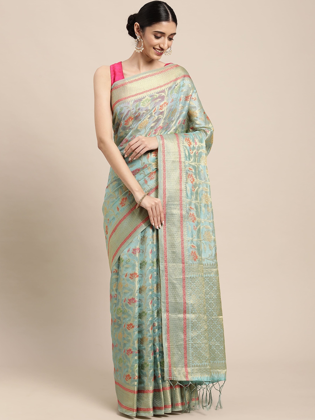 

Dori Floral Organza Woven Design Saree With Tassels, Blue