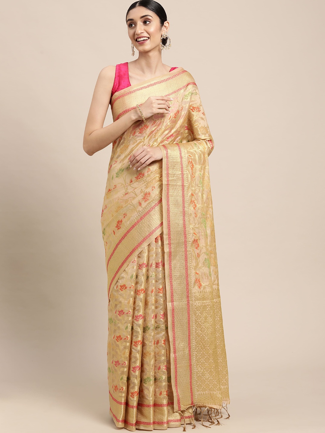Dori Floral Organza Woven Design Saree, Beige