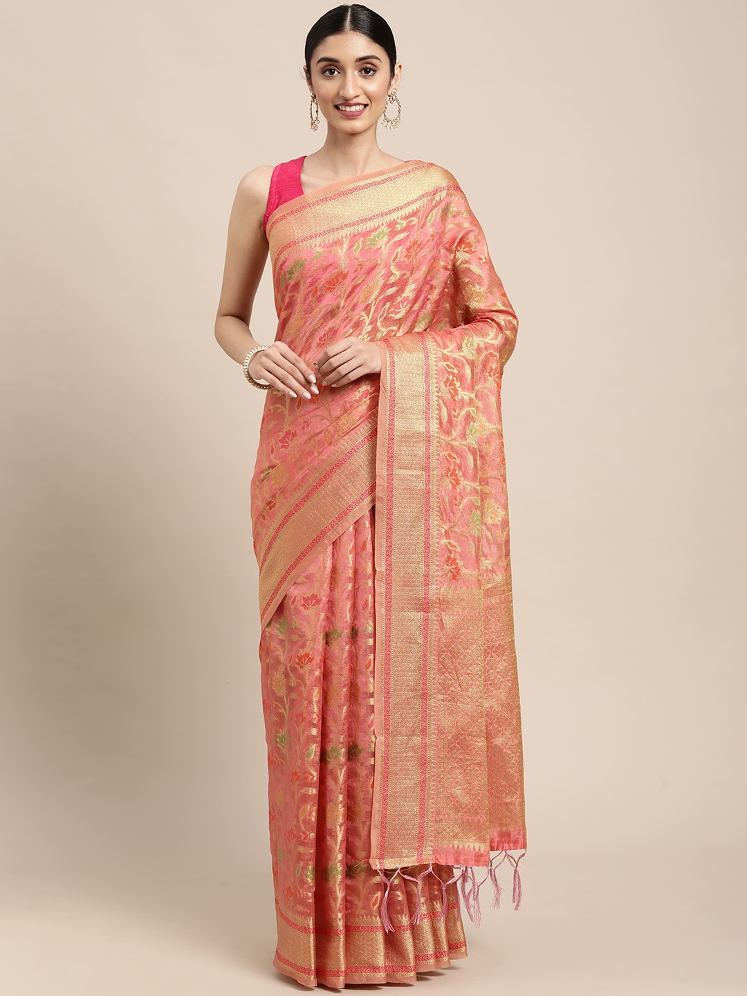 

Dori Floral Organza Woven Design Saree, Peach
