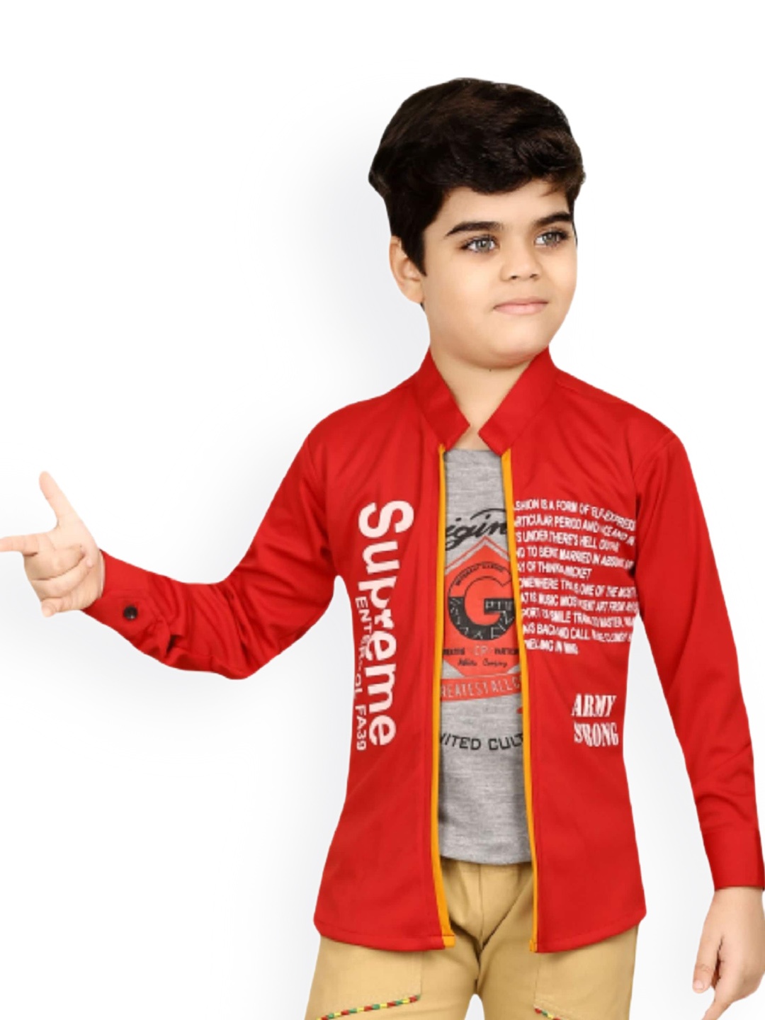 

BAESD Boys Typography Printed Lightweight Open Front Jacket With Attached T-shirt, Red