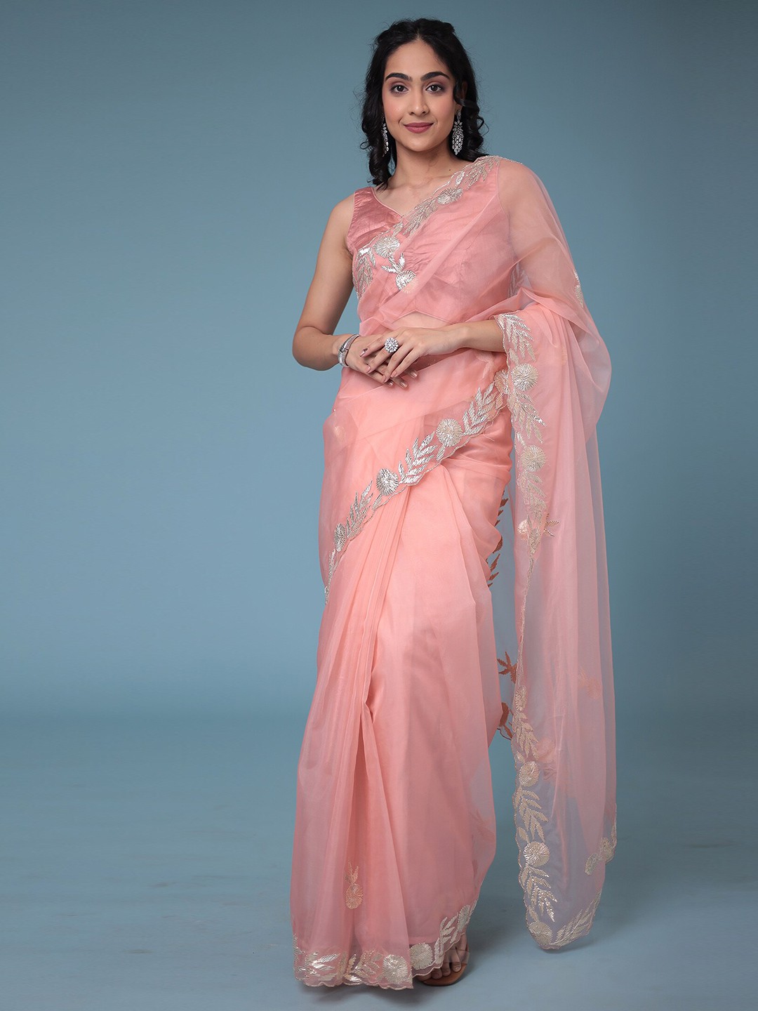 

ZARI Embellished Organza Saree, Peach