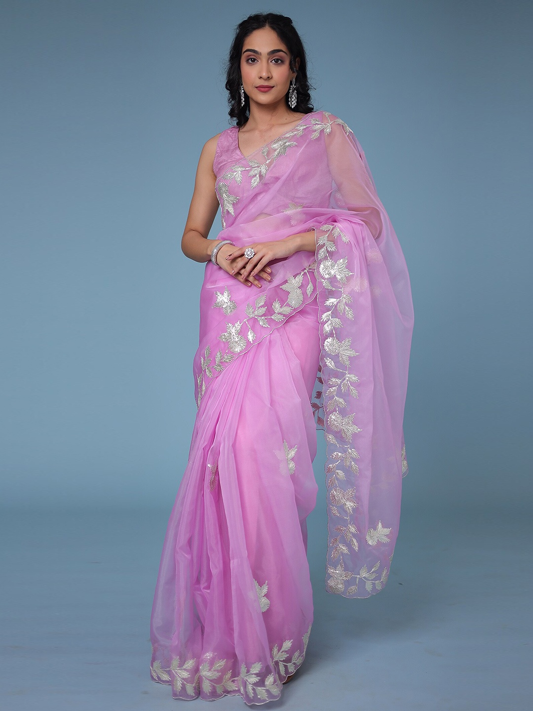 

ZARI Embellished Organza Saree, Purple