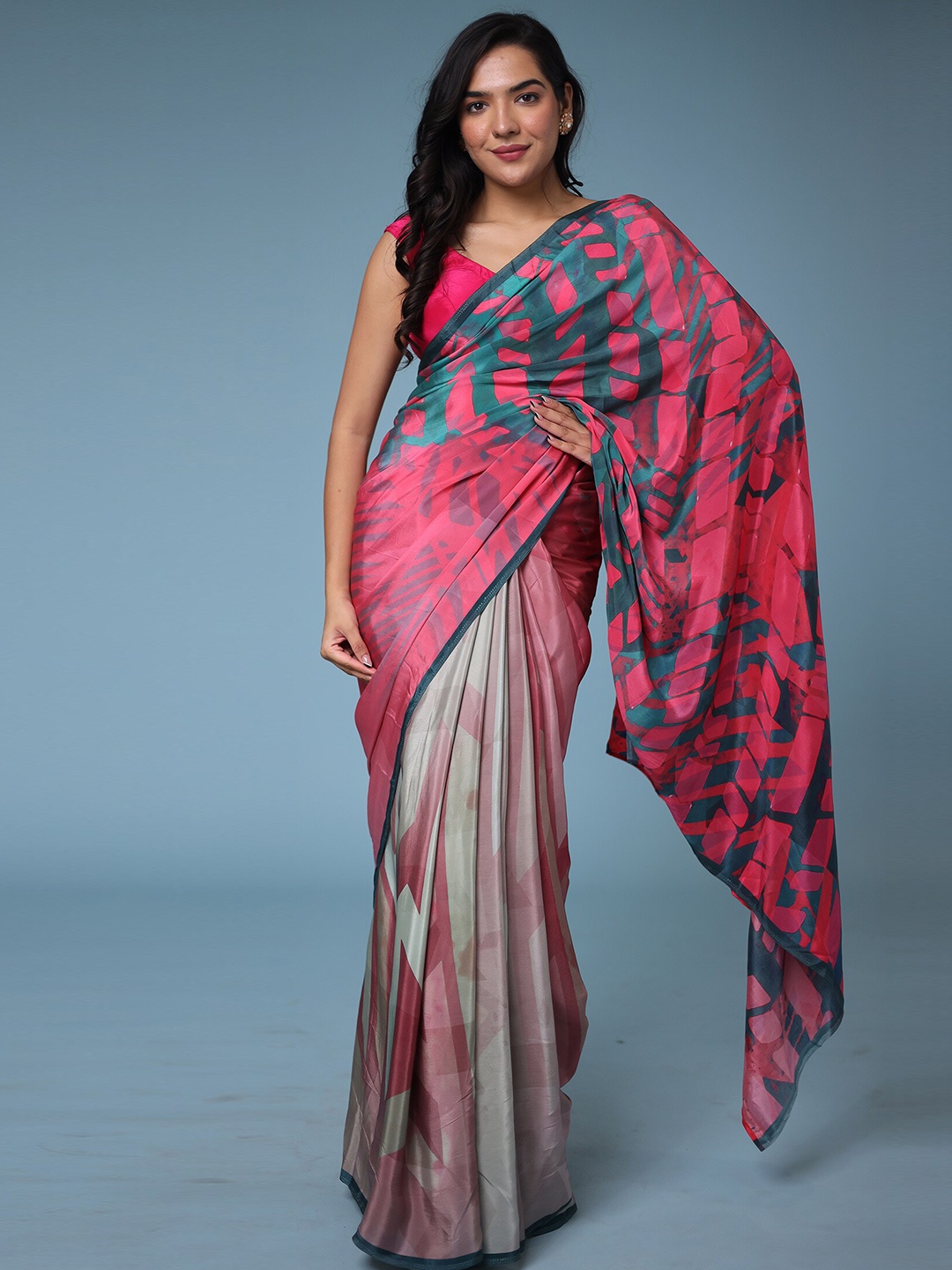 

ZARI Ombre & Abstract Print Pure Crepe Saree, Pink