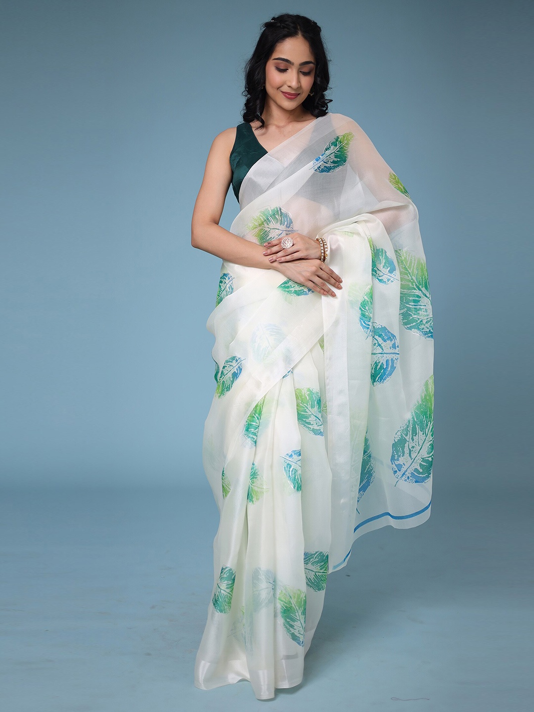 

ZARI Floral Printed Silk Cotton Saree, White