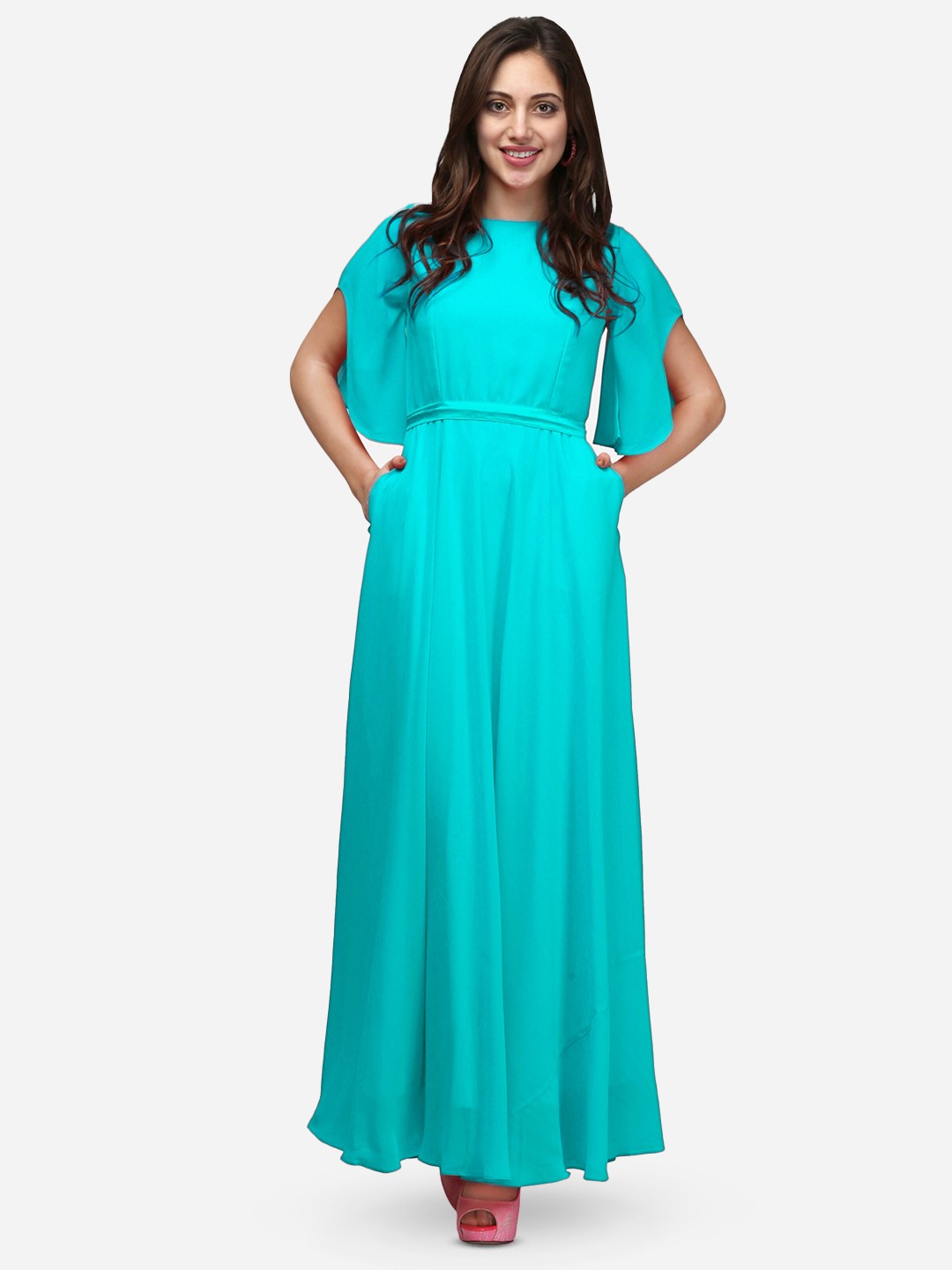 

V&M Flared Sleeves Georgette Maxi Dress, Sea green