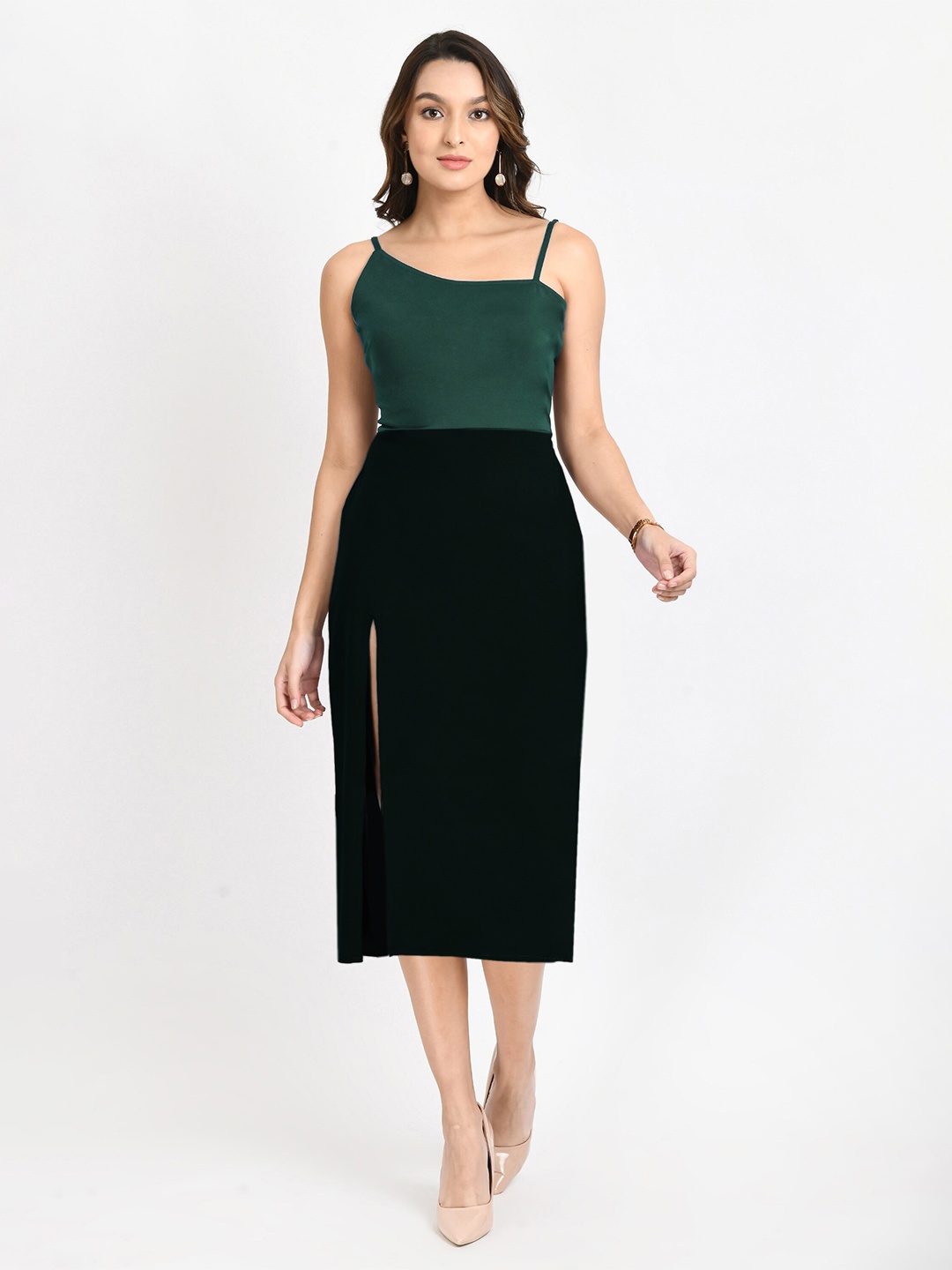 

V&M Colourblocked Shoulder Straps Sheath Midi Dress, Green