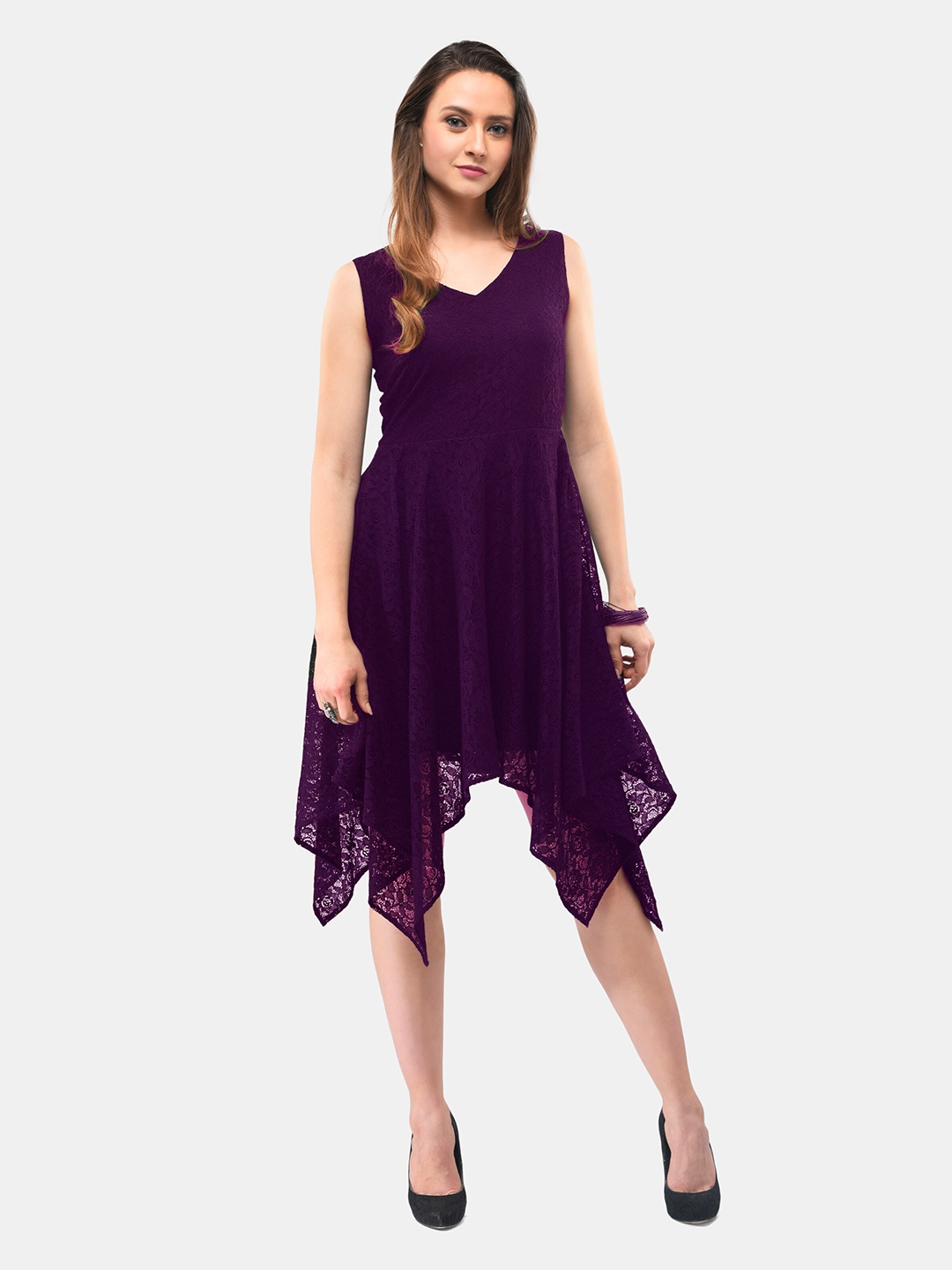 

V&M Self Design V-Neck Fit & Flare Midi Dress, Purple
