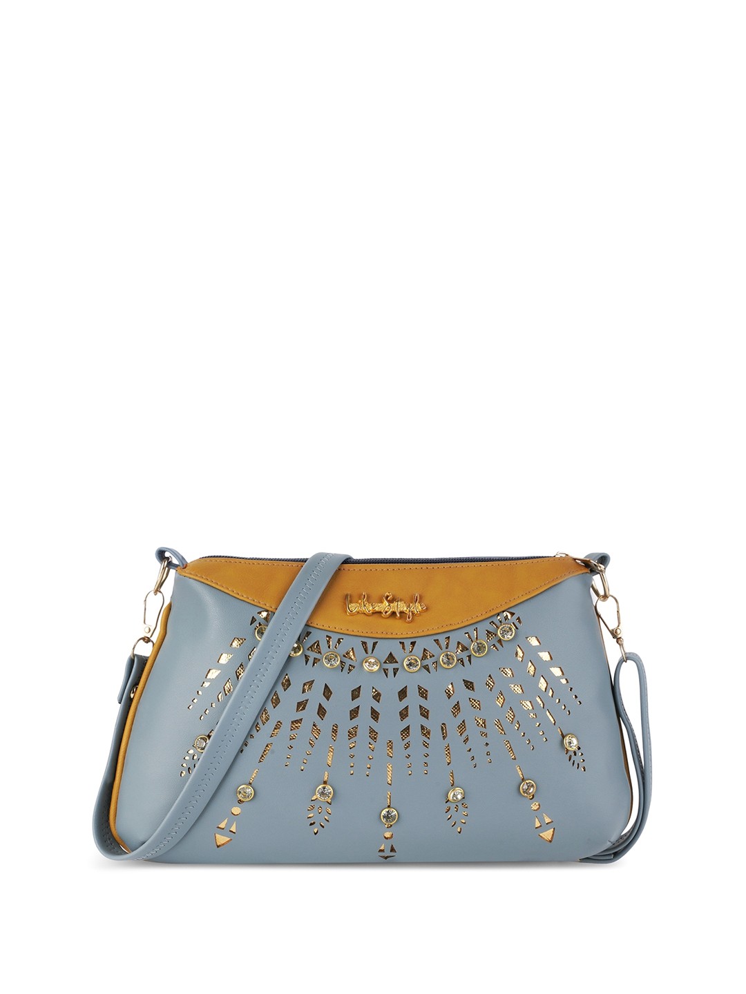 

LIKE STYLE Embellished Cut Work PU Swagger Sling Bag, Grey