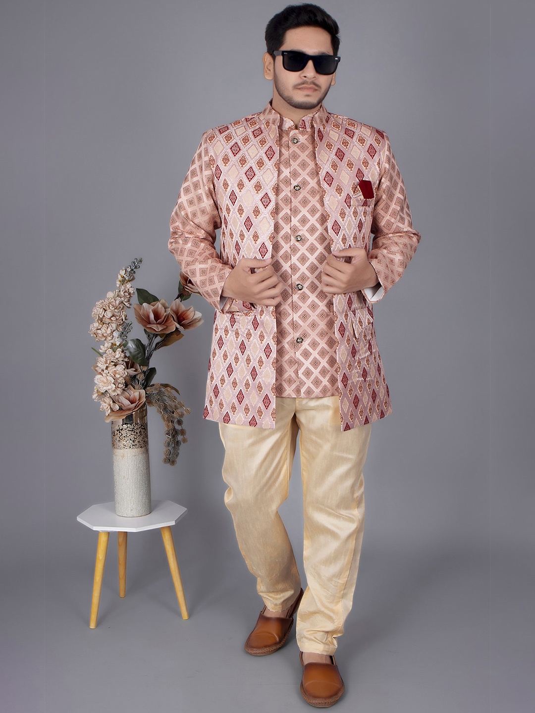 

amzira Self Design Mandarin Collar Cotton Sherwani Set, Red