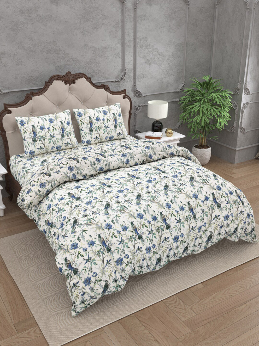 

JAIPUR FABRIC Blue 4 Pieces Floral Microfiber 300 GSM Mild Winter Double Bed Comforter