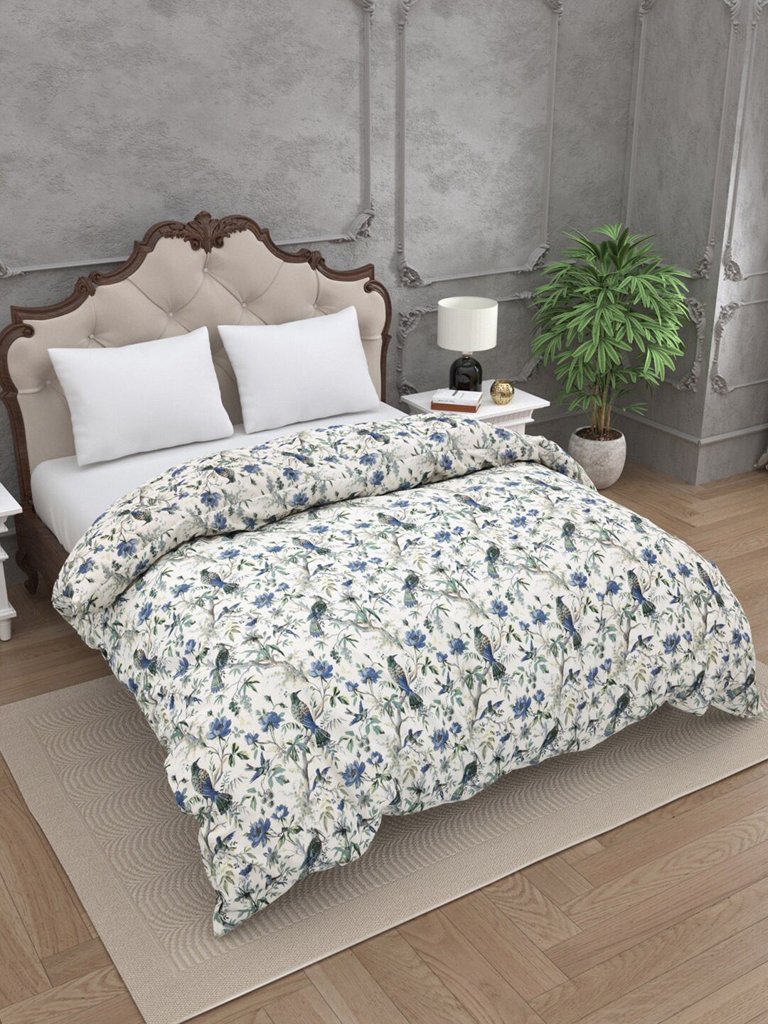 

JAIPUR FABRIC White & Green Floral Microfiber 300 GSM Mild Winter Double Bed Comforter