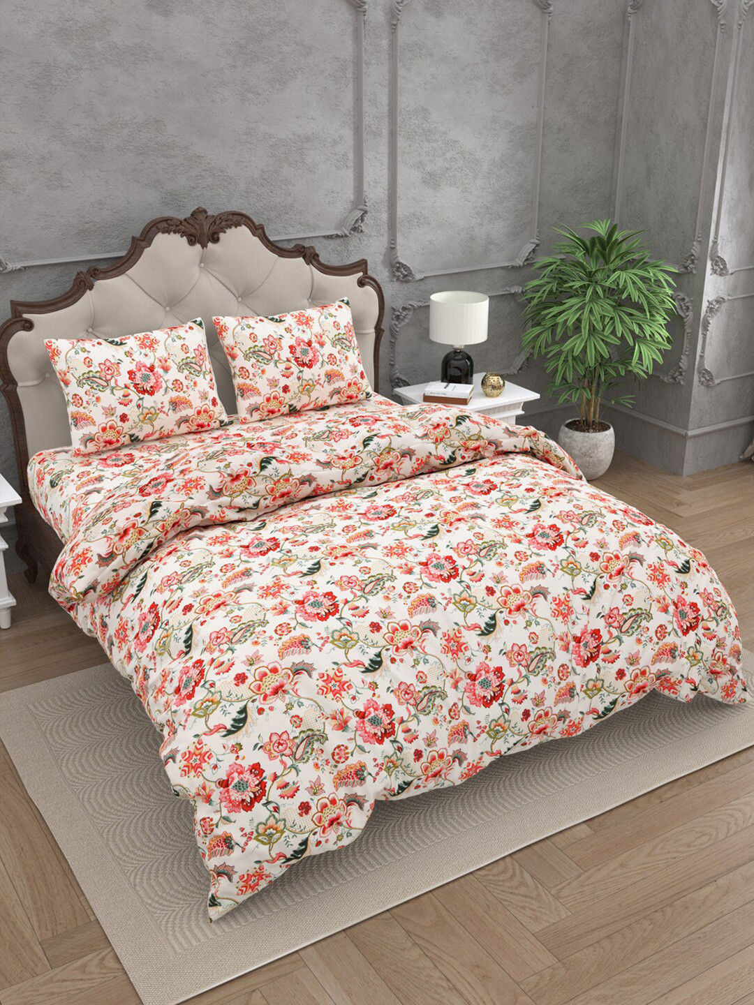 

JAIPUR FABRIC Pink 4 Pieces Floral Microfiber 300 GSM Mild Winter Double Bed Comforter