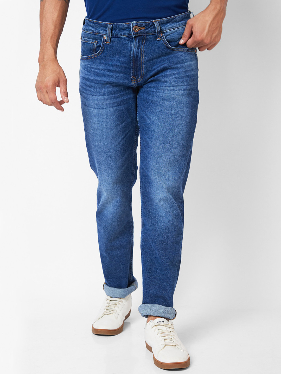 

SPYKAR Men Relaxed Fit Clean Look Whiskers Cotton Jeans, Blue