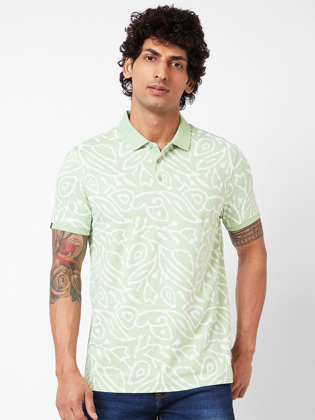 

SPYKAR Floral Printed Polo Collar Slim Fit T-shirt, Sea green