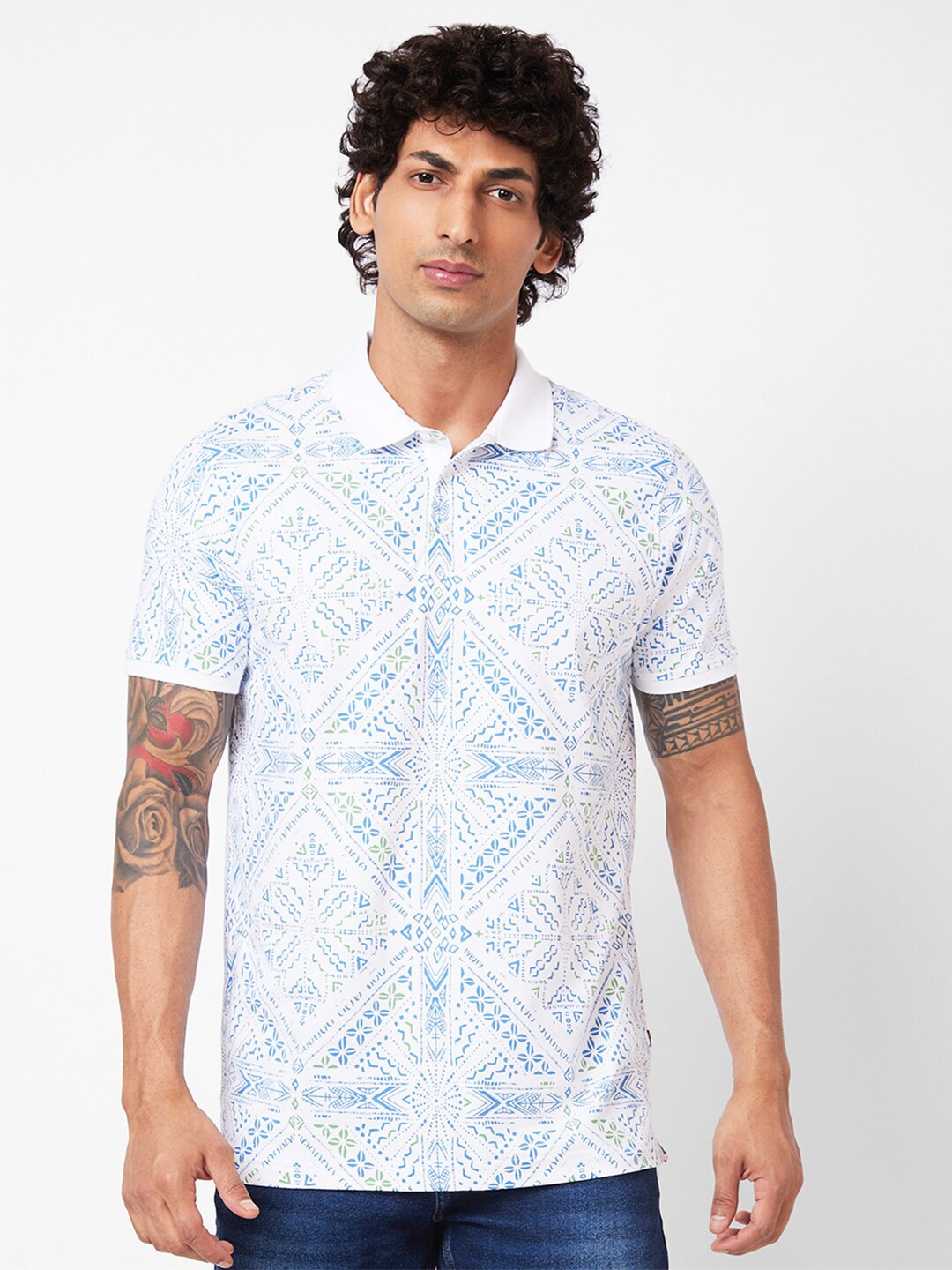 

SPYKAR Geometric Printed Polo Collar Slim Fit T-shirt, White