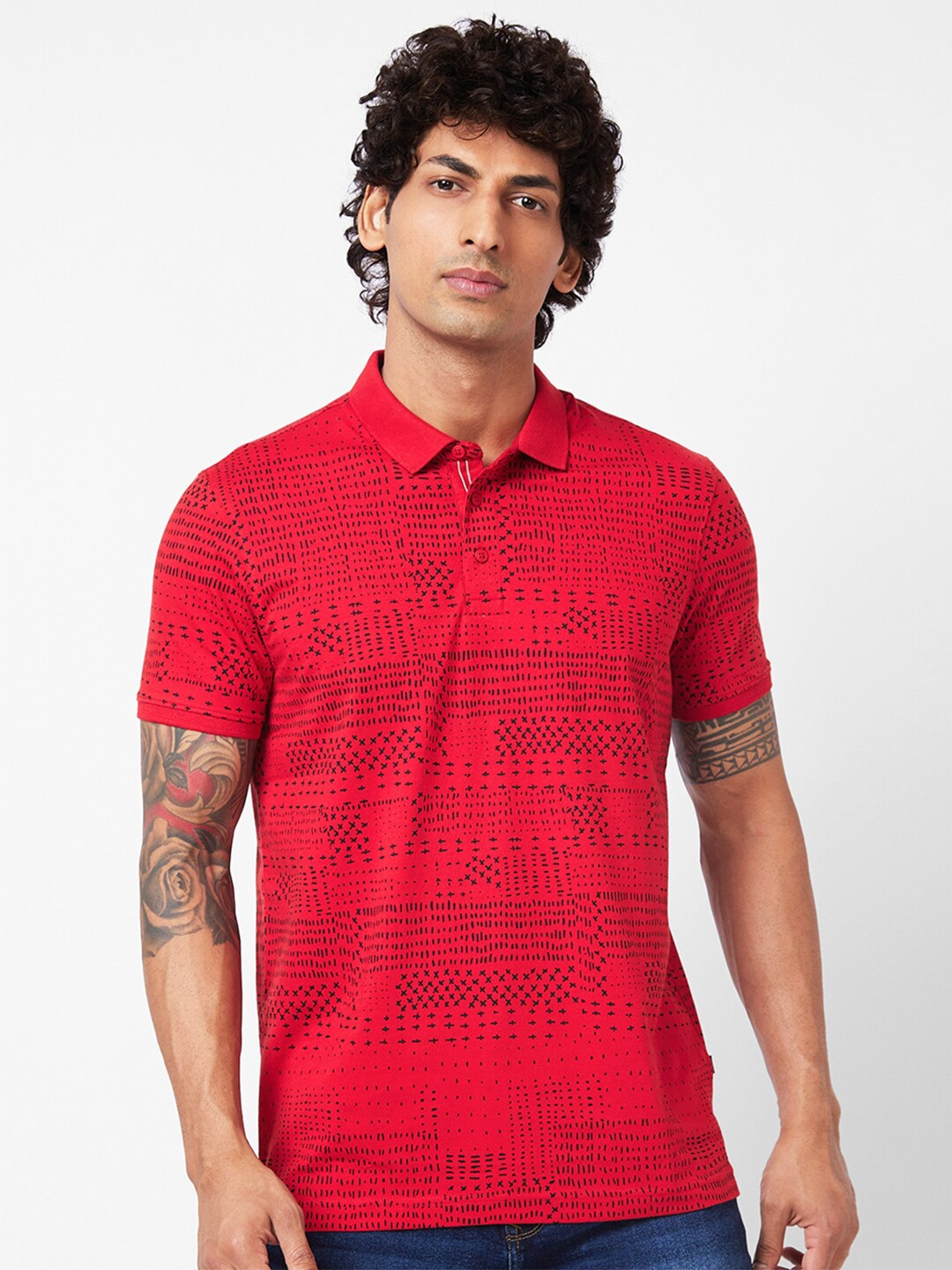 

SPYKAR Abstract Printed Polo Collar Slim Fit T-shirt, Red