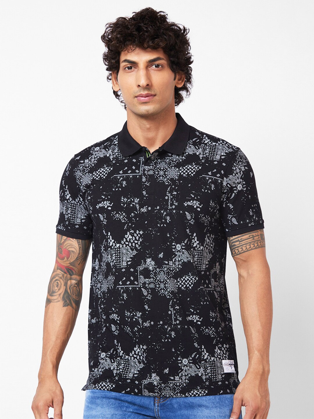 

SPYKAR Abstract Printed Polo Collar Slim Fit T-shirt, Black