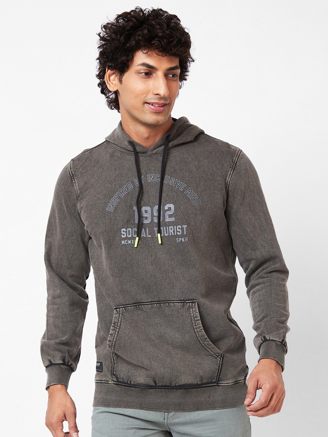 

SPYKAR Typography Printed Hooded Pullover Sweatshirt, Brown