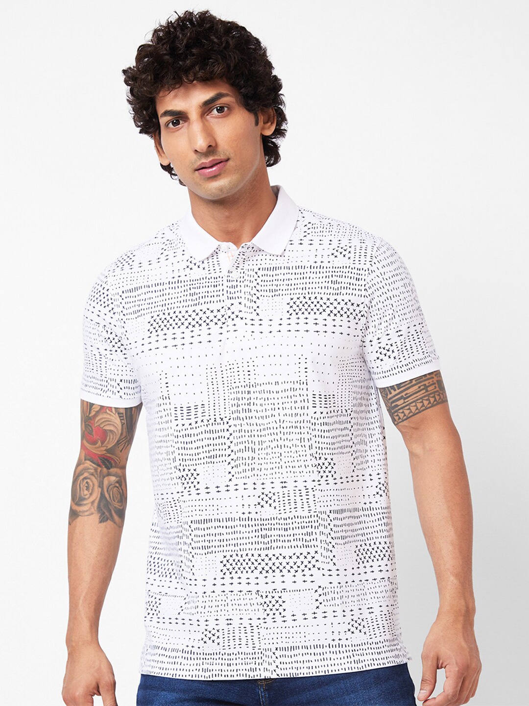 

SPYKAR Geometric Printed Polo Collar Slim Fit T-shirt, White