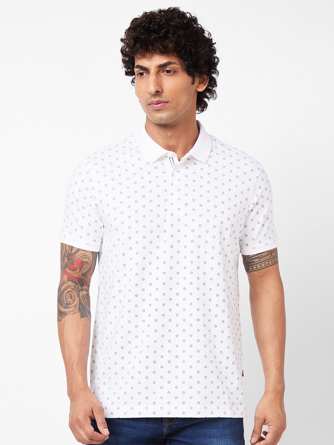 

SPYKAR Micro Ditsy Printed Polo Collar Slim Fit T-shirt, White