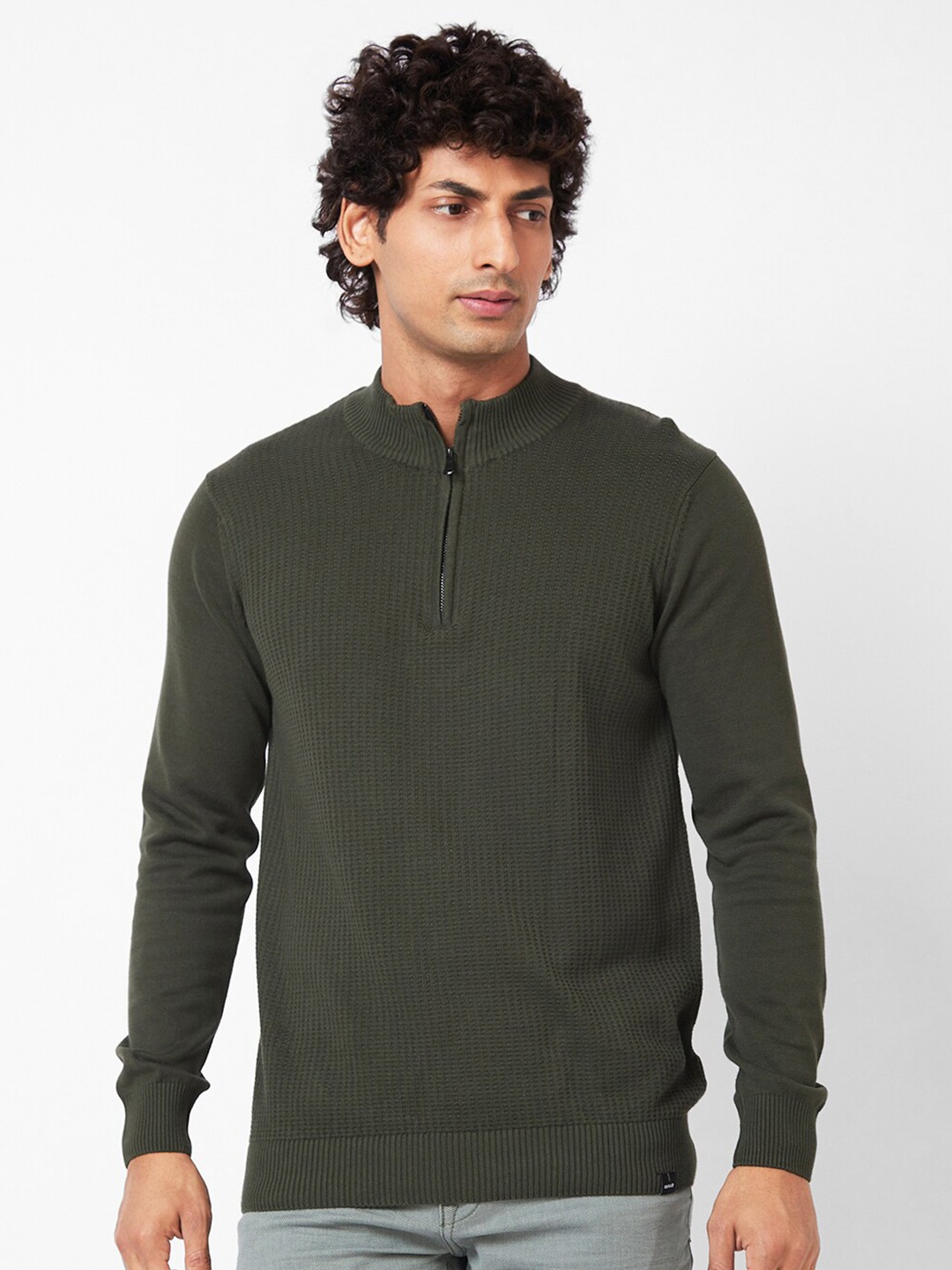 

SPYKAR Cable Knit Self Design Mock Collar Half Zipper Ribbed Cotton Pullover Sweater, Green