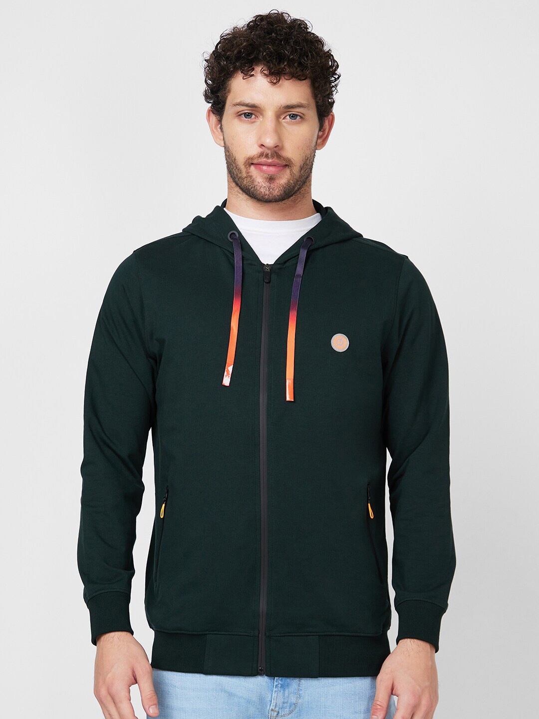 

SPYKAR Hooded Cotton Front-Open Sweatshirt, Green