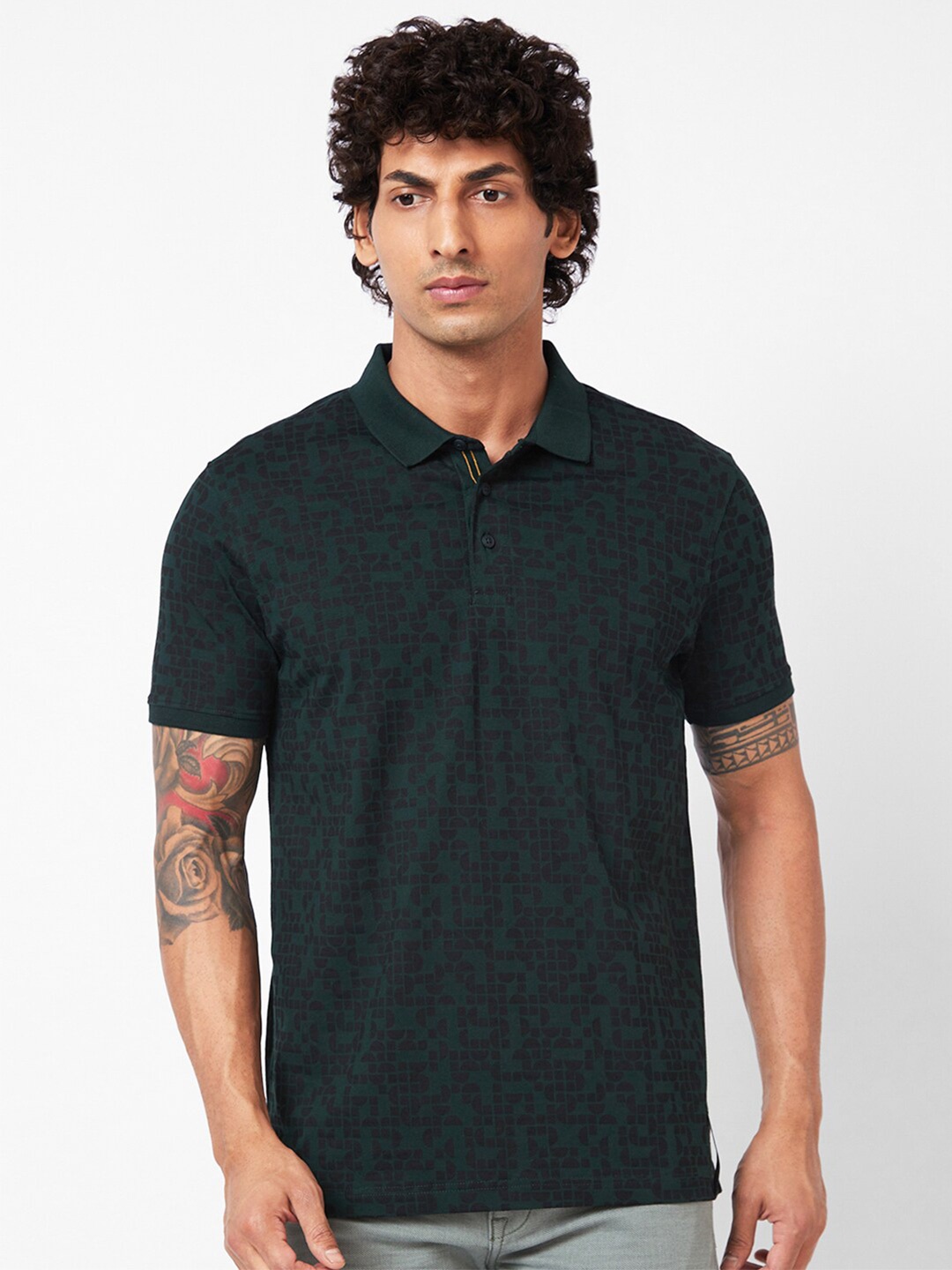 

SPYKAR Geometric Printed Polo Collar Slim Fit T-shirt, Green