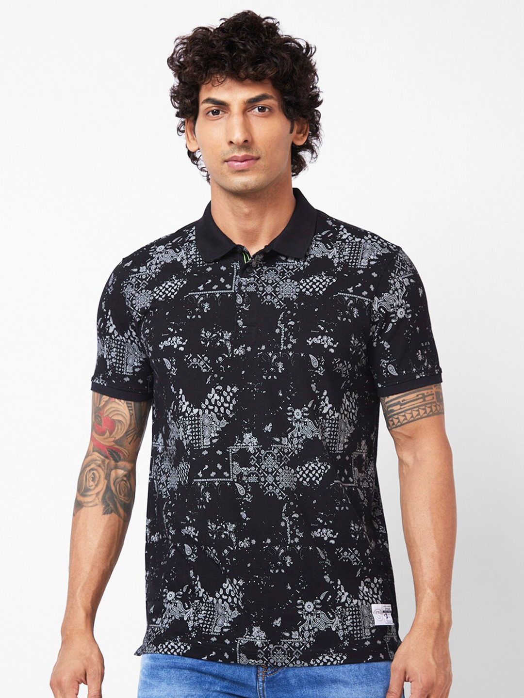

SPYKAR Ethnic Motifs Printed Polo Collar Slim Fit T-shirt, Black