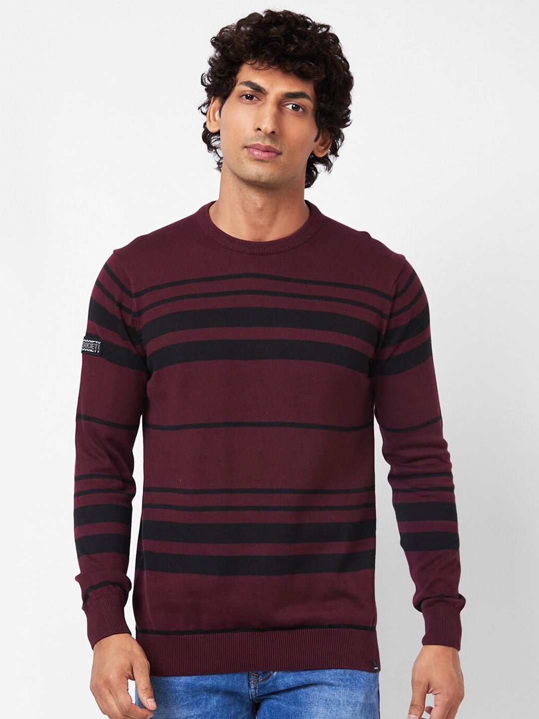 

SPYKAR Striped Ribbed Cotton Pullover Sweater, Maroon