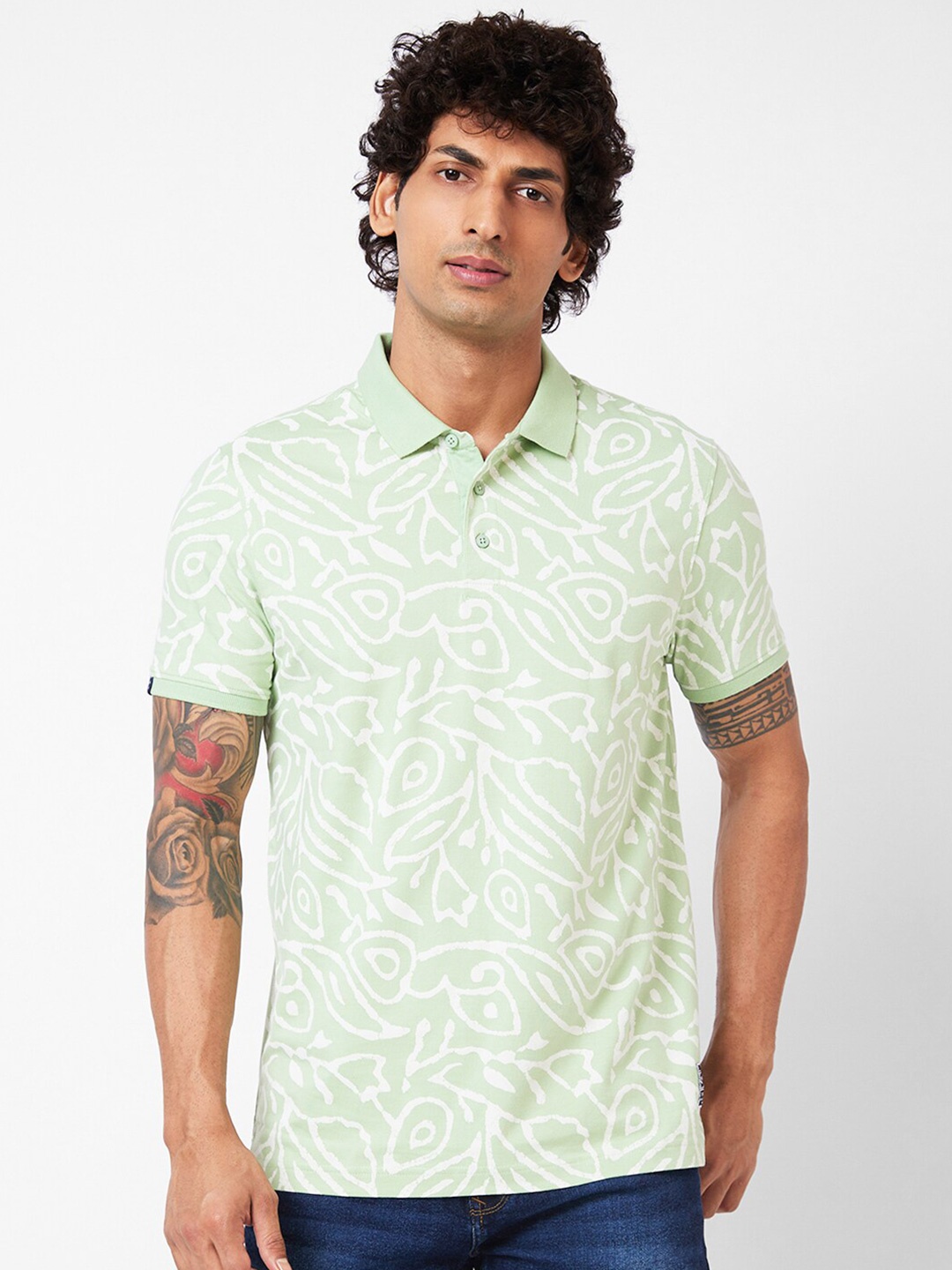 

SPYKAR Abstract Printed Polo Collar Slim Fit T-shirt, Green