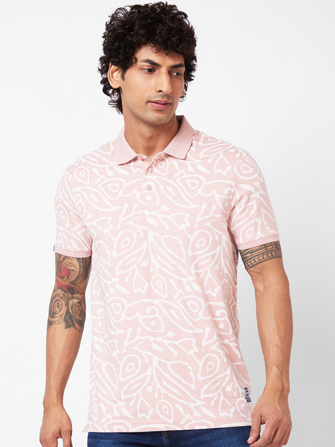

SPYKAR Abstract Printed Polo Collar Slim Fit T-shirt, Pink