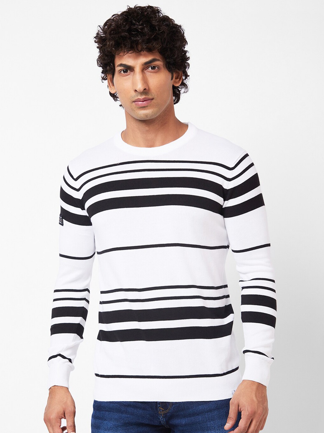 

SPYKAR Striped Round Neck Pullover Cotton Sweater, White