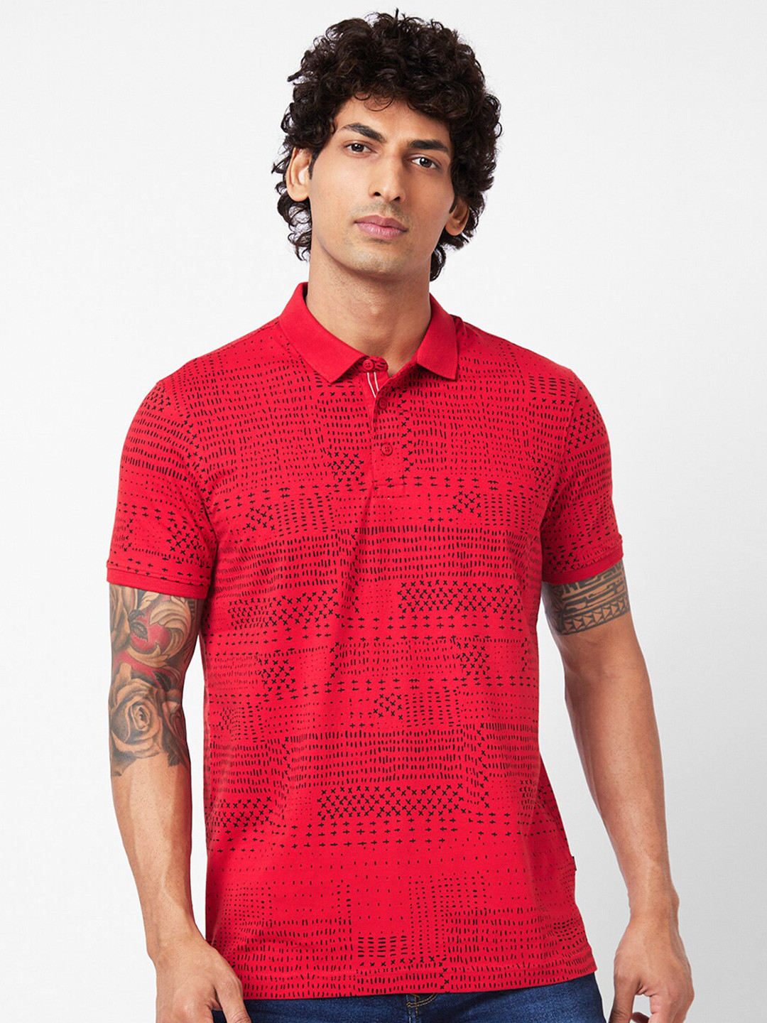

SPYKAR Abstract Printed Polo Collar Slim Fit T-shirt, Coral