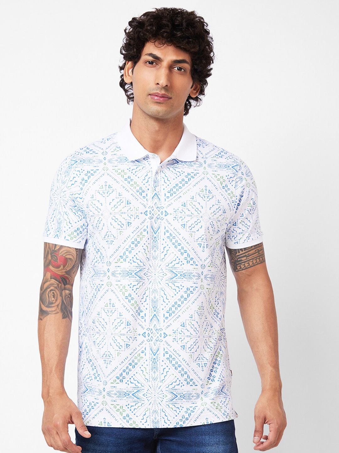 

SPYKAR Geometric Printed Polo Collar Slim Fit T-shirt, White
