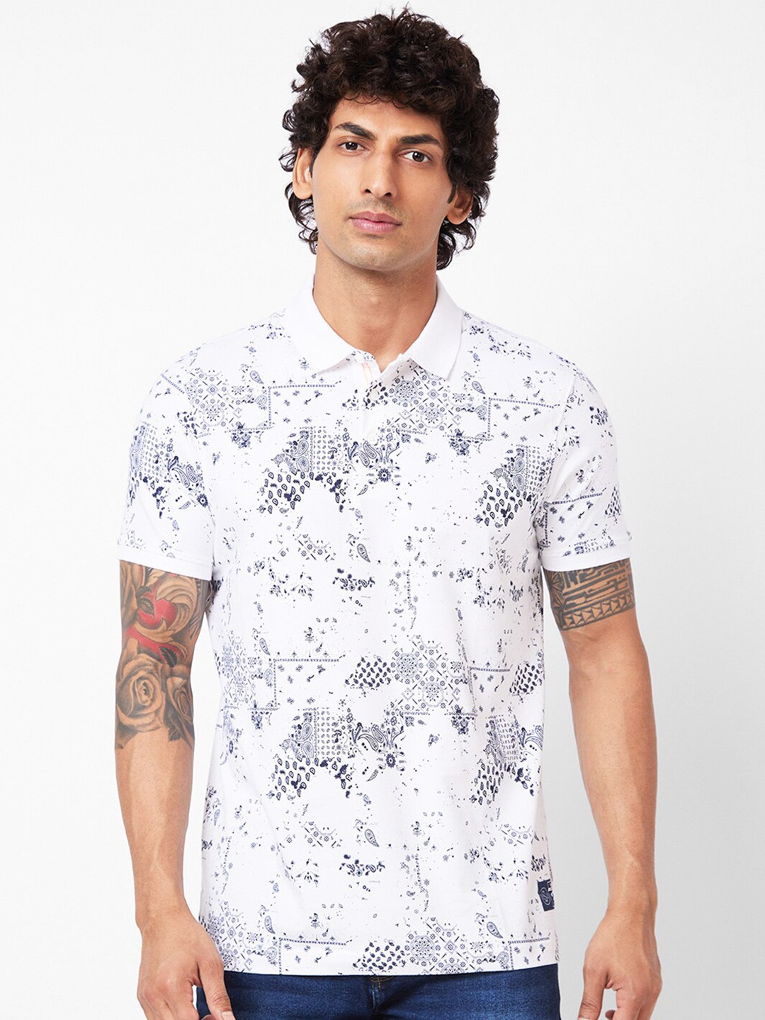 

SPYKAR Abstract Printed Polo Collar Slim Fit T-shirt, White