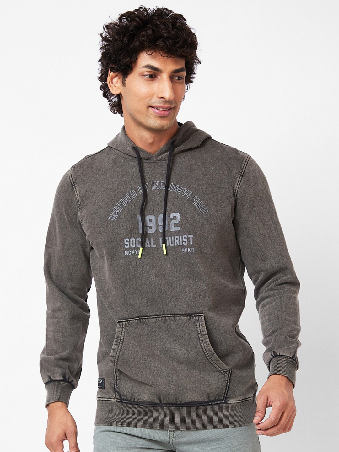 

SPYKAR Typography Printed Hooded Sweatshirt, Grey