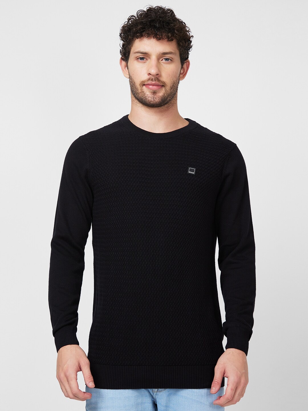 

SPYKAR Ribbed Round Neck Pullover Cotton Sweater, Black