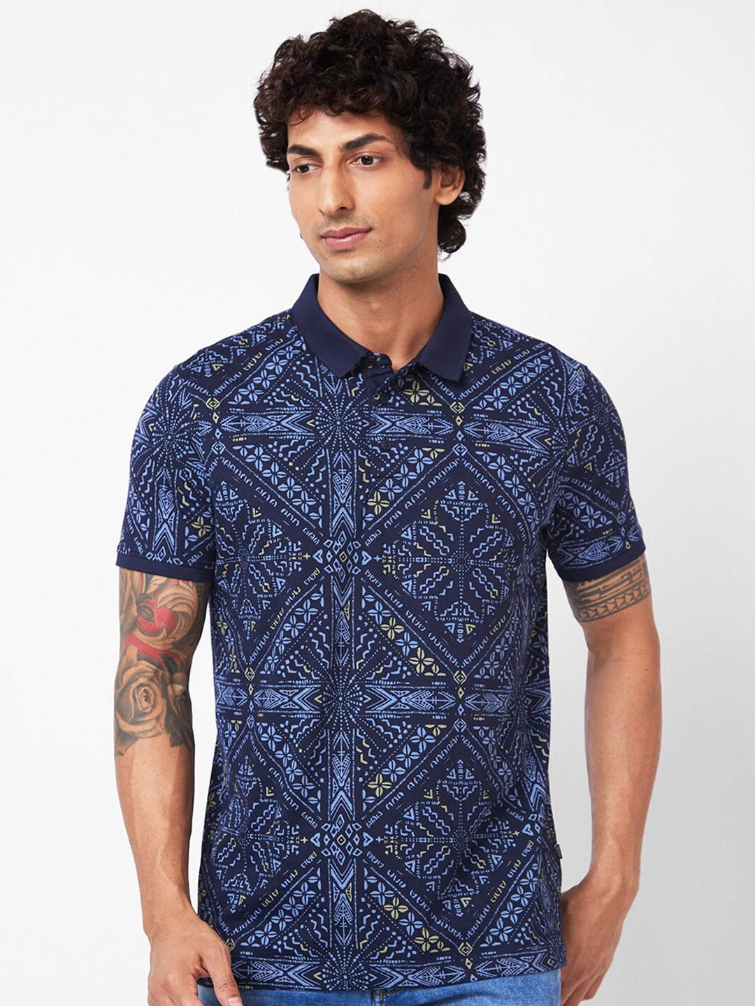 

SPYKAR Geometric Printed Polo Collar Slim Fit T-shirt, Navy blue