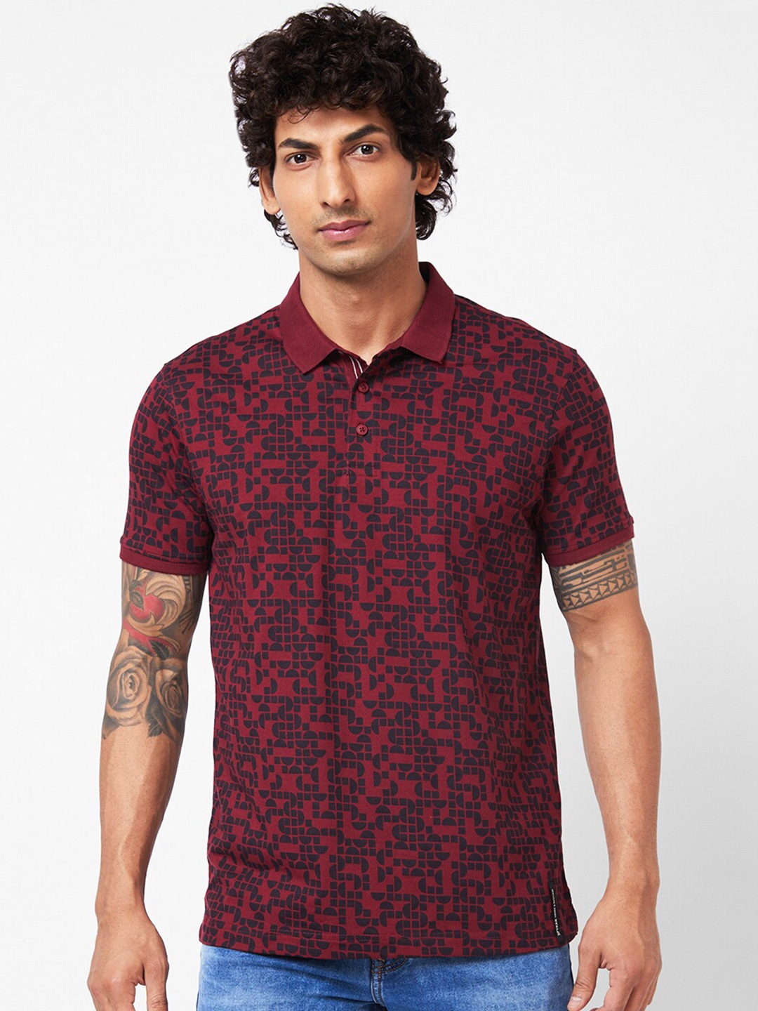 

SPYKAR Abstract Printed Polo Collar Slim Fit T-shirt, Red