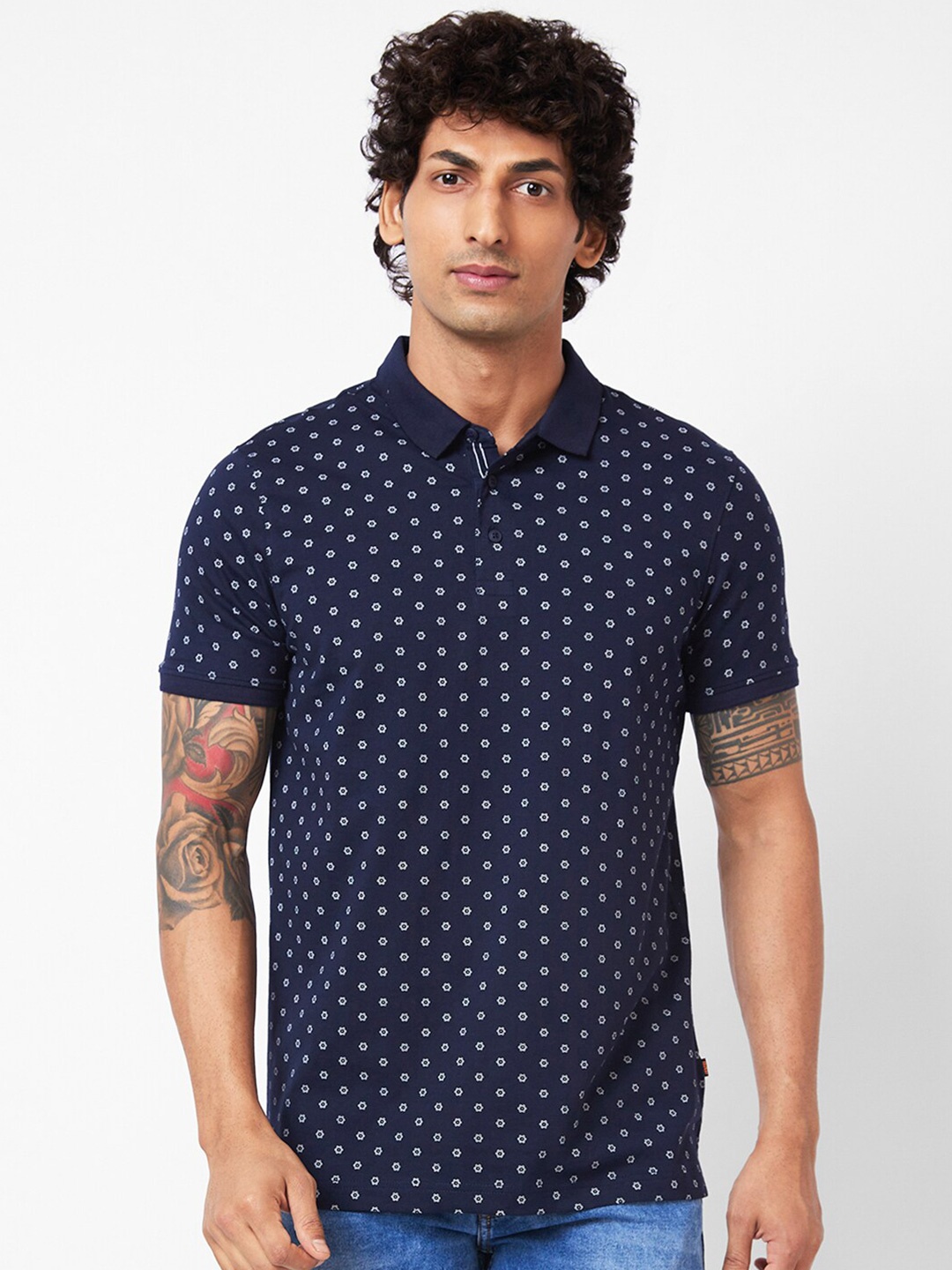 

SPYKAR Geometric Printed Polo Collar Slim Fit T-shirt, Navy blue