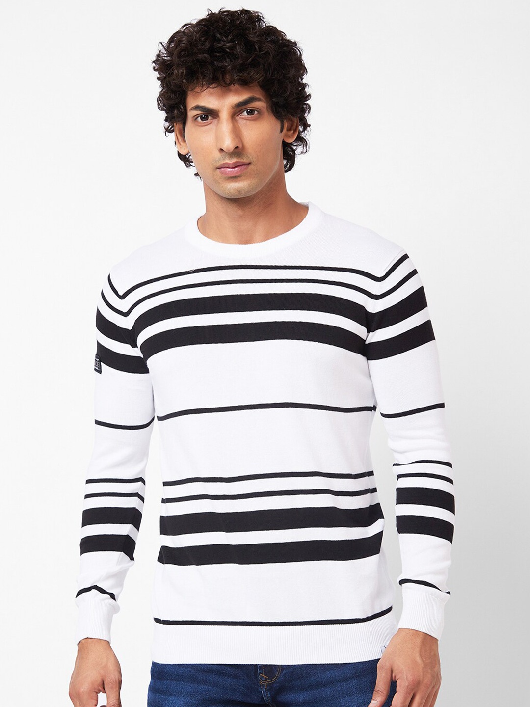 

SPYKAR Striped Round Neck Pullover Cotton Sweater, White