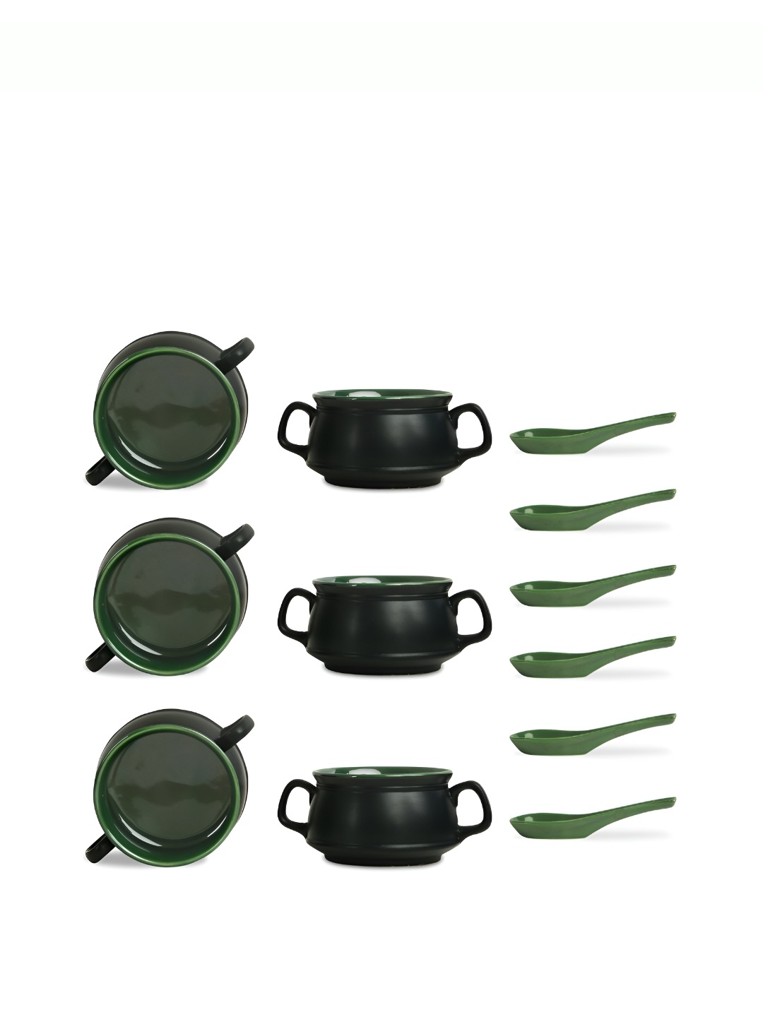 

Caffeine Ceramic Green & Black 6 Pieces Handle Soup Bowl with Spoon