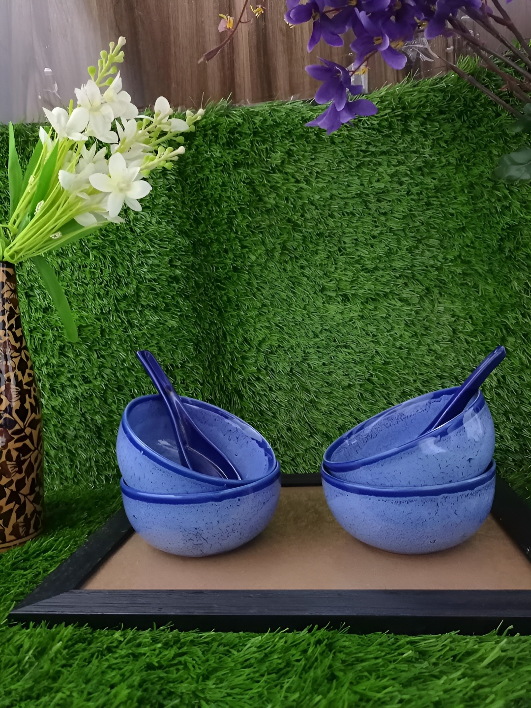 

caffeine Blue 4 Pieces Ceramic Microwave Safe Crackle Soup Bowl with Spoon