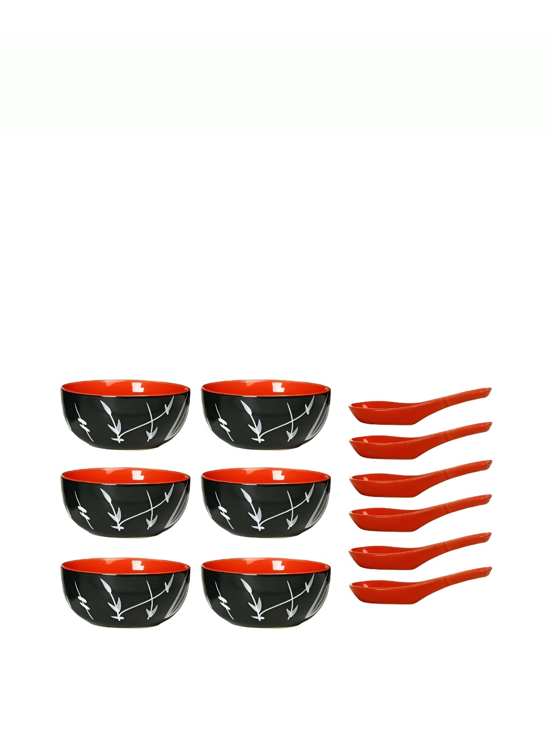 

caffeine Red & Black 6 Pieces Ceramic Microwave Safe Soup Bowls With Spoons