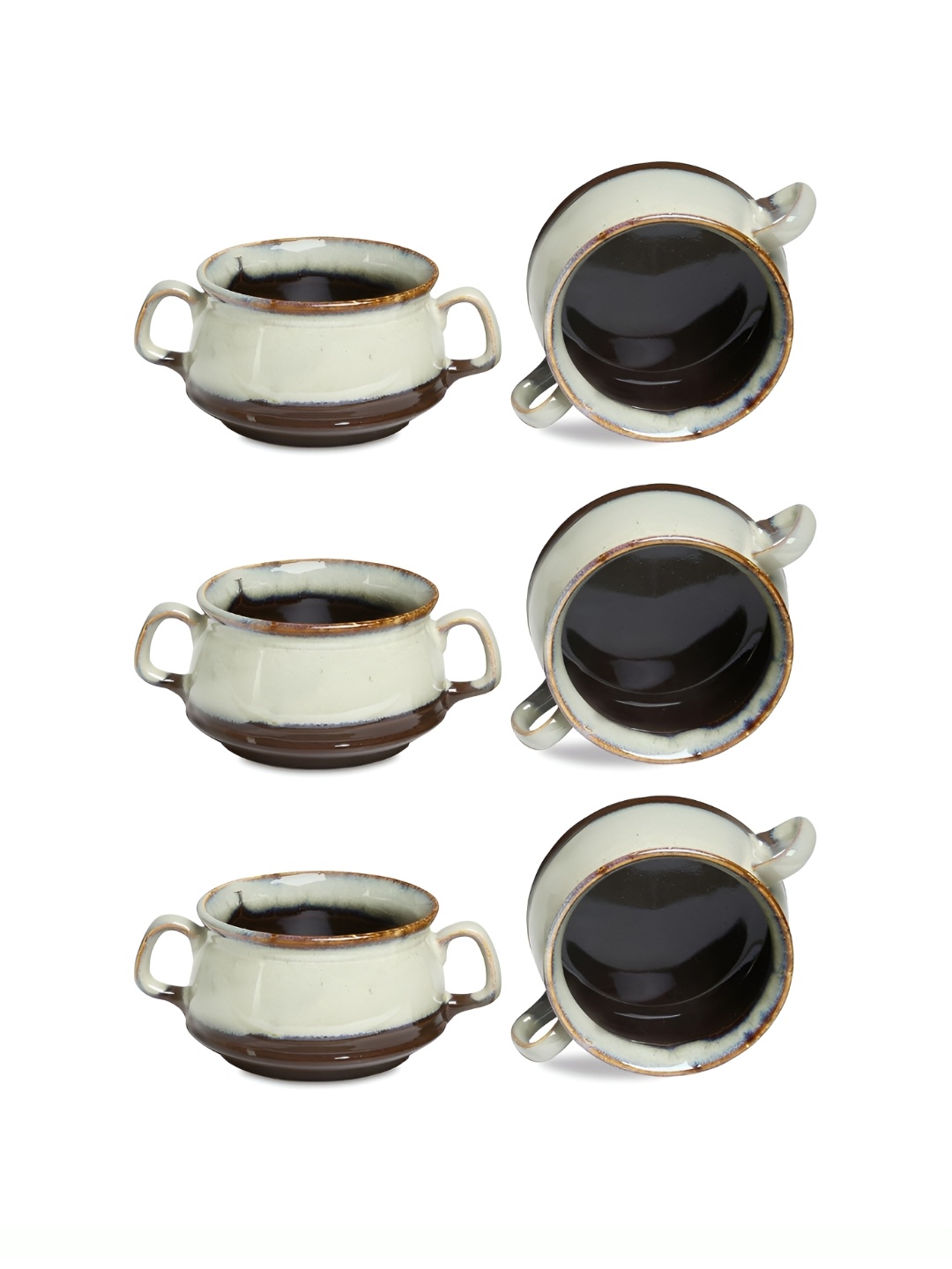 

caffeine White & Brown 6 Pieces Ceramic Microwave Safe Double Handle Soup Bowls